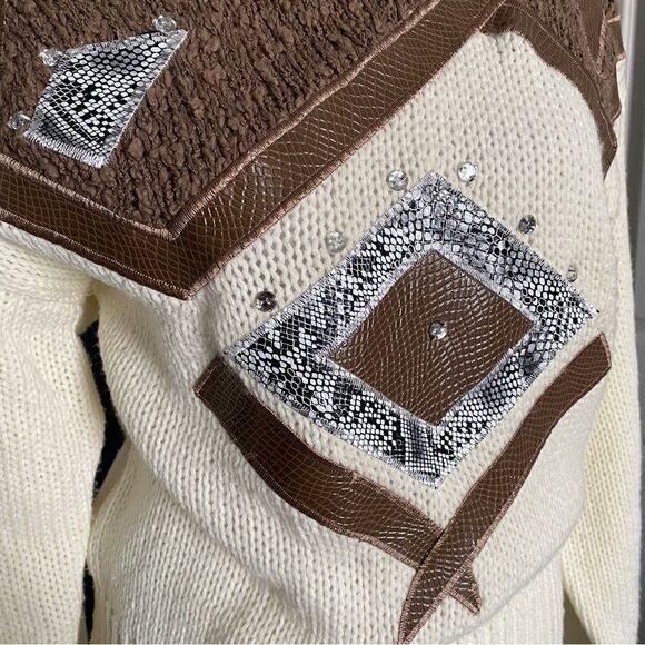 80s Vintage Spice of Life Cream and Brown Embellished Knit Sweater Size M - Picture 2 of 6
